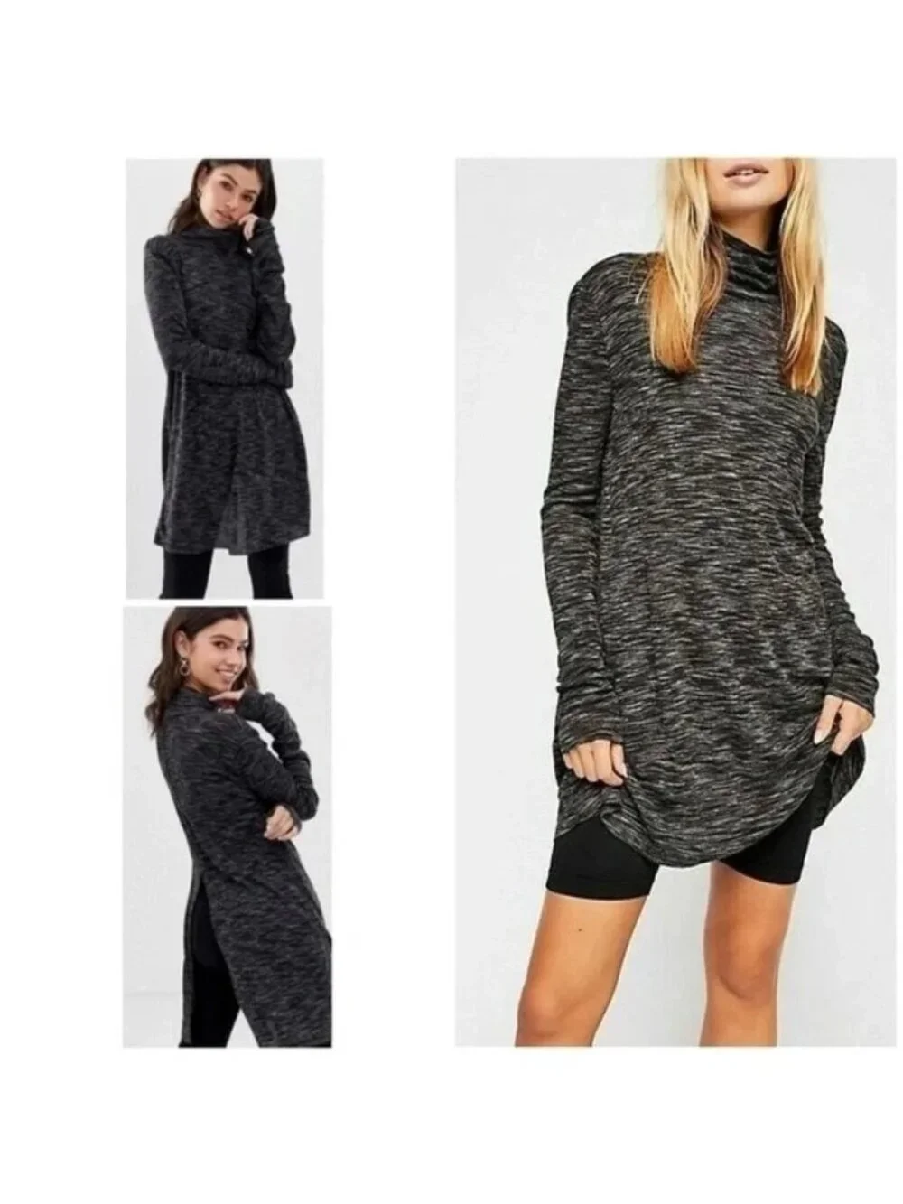 Free People Stone Cold Marled Gray Split Back Turtleneck Tunic - Picture 2 of 8